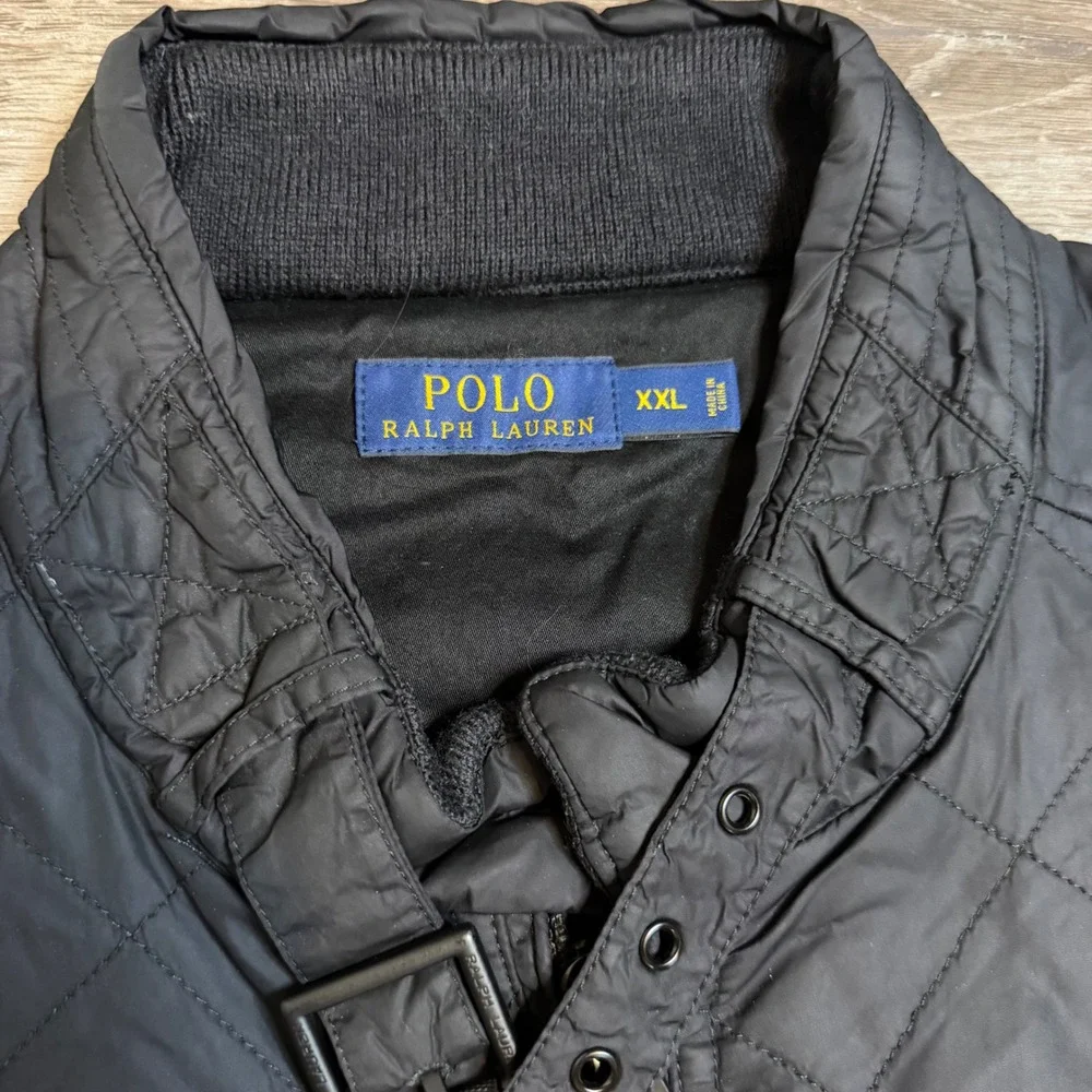 Polo‎ Ralph Lauren Mens XXL Black Quilted Bomber Jacket Full Zip Buckle Neck